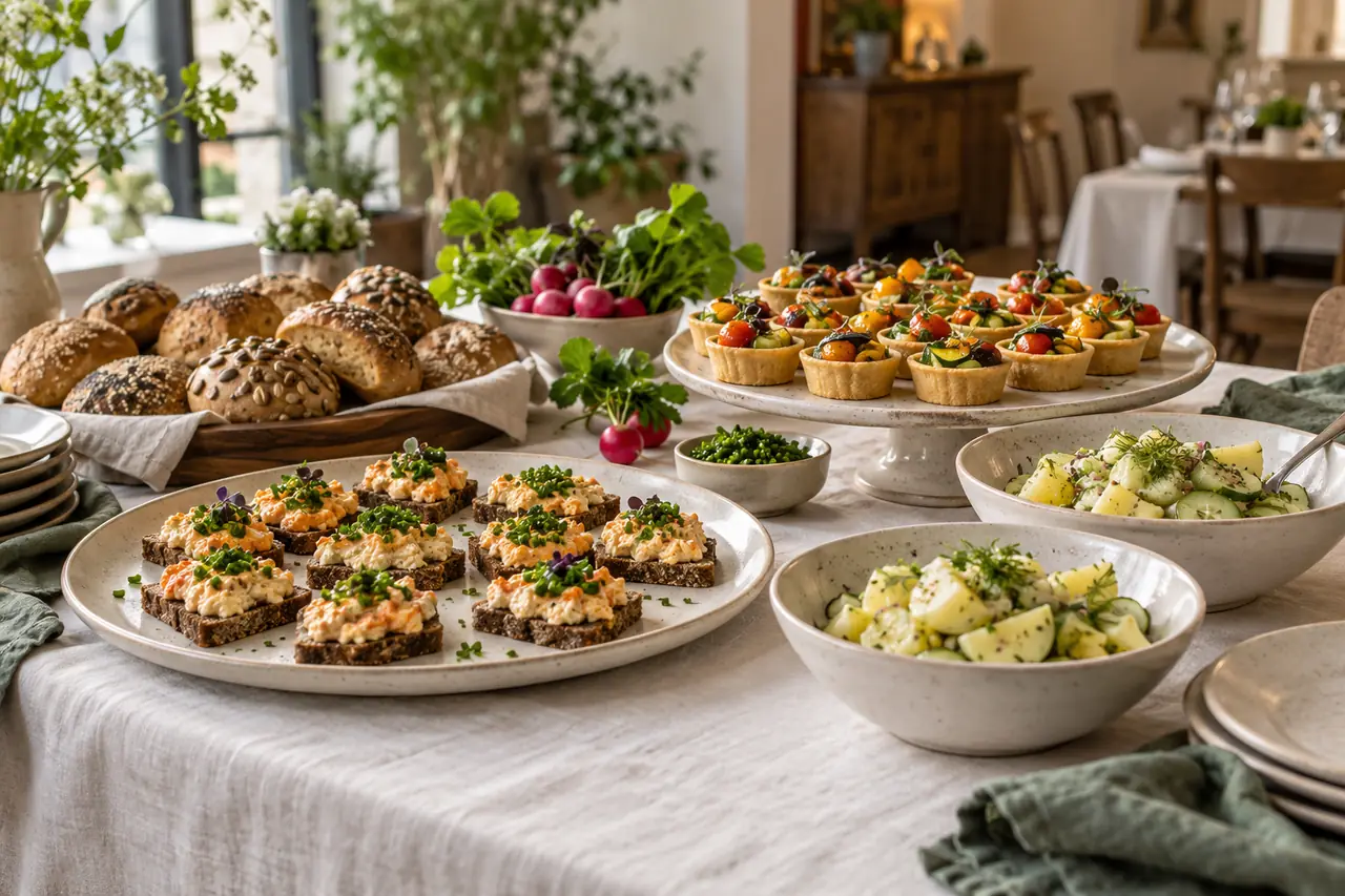 Roggen-Canapés, Jourgebäck, Gemüsetartelettes und Erdäpfel-Gurkensalat auf einem gedeckten Tisch