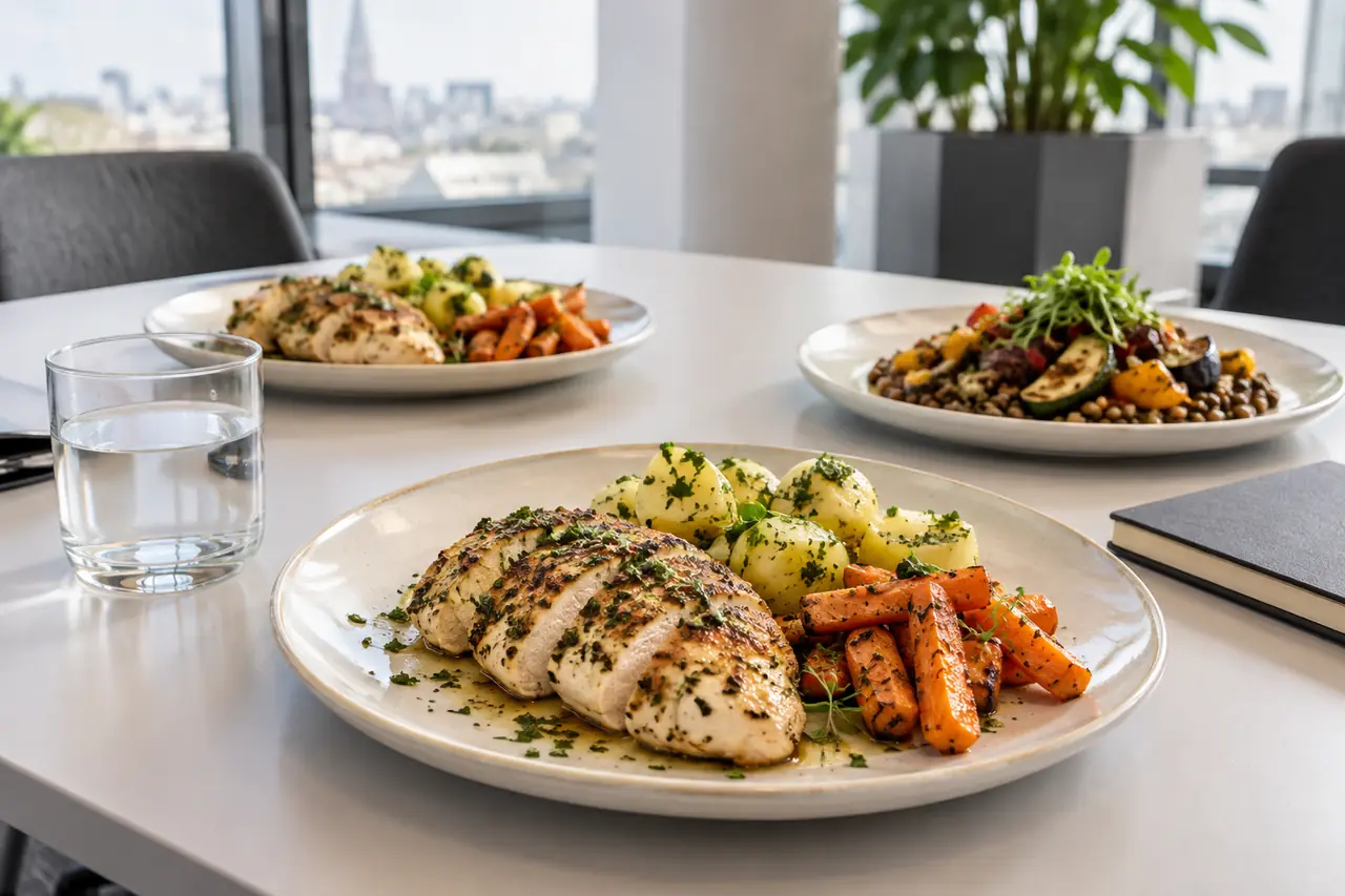 Drei Lunch-Teller mit Kräuterhendl, Petersilerdäpfeln, Ofengemüse und einem Linsengericht auf einem hellen Bürotisch
