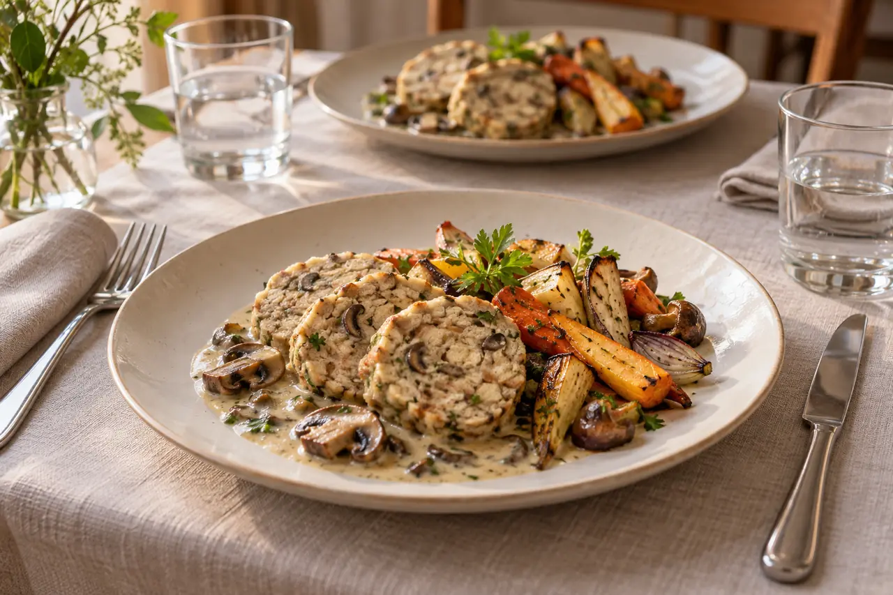 Zwei gedeckte Plätze mit Pilz-Serviettenknödeln, Pilzsauce und geröstetem Saisongemüse