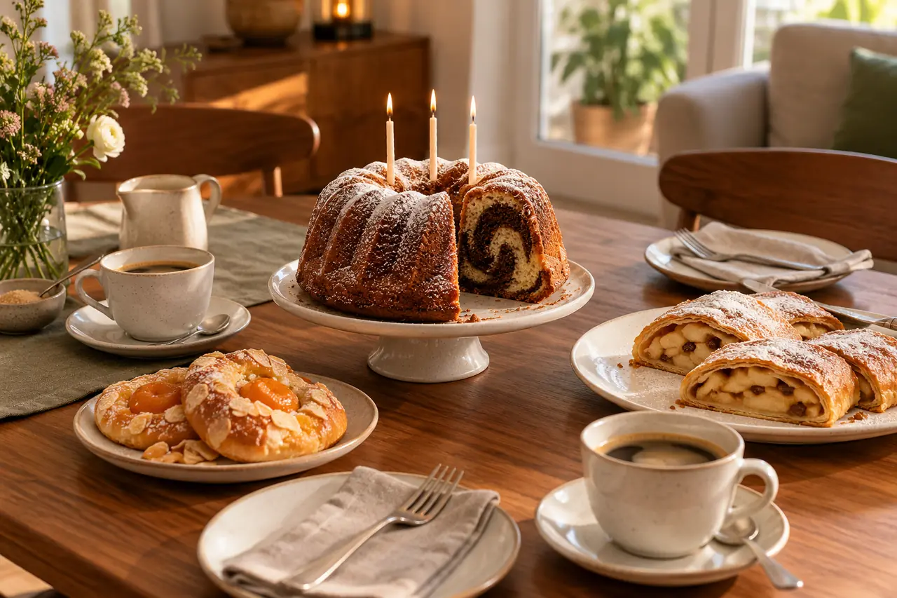 Marmor-Gugelhupf mit drei Kerzen, Apfelstrudel und Kaffee auf einem Geburtstagstisch