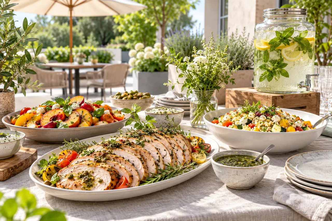 Sommerbuffet mit Putenbraten, Pfirsich-Tomaten-Salat und Zitronen-Minz-Wasser
